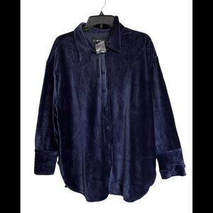 Womens Large Blouse Hunter & Brown Blue Soft Velvety Corduroy Button Up Top